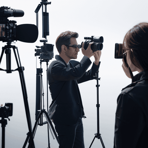 Man in a suit using a professional camera surrounded by video recording equipment and other people with cameras.